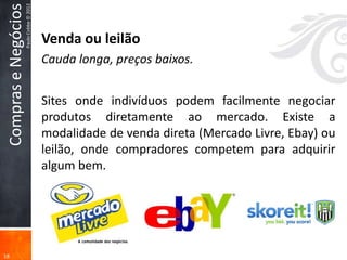 Compras e Negócios
                      Paulo Cobbe © 2012

                                           Venda ou leilão
                                           Cauda longa, preços baixos.


                                           Sites onde indivíduos podem facilmente negociar
                                           produtos diretamente ao mercado. Existe a
                                           modalidade de venda direta (Mercado Livre, Ebay) ou
                                           leilão, onde compradores competem para adquirir
                                           algum bem.




18
 