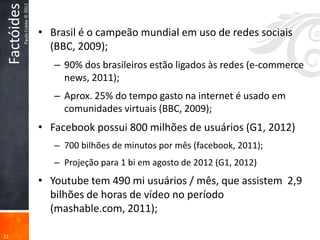 Factóides
             Paulo Cobbe © 2012
                                  • Brasil é o campeão mundial em uso de redes sociais
                                    (BBC, 2009);
                                     – 90% dos brasileiros estão ligados às redes (e-commerce
                                       news, 2011);
                                     – Aprox. 25% do tempo gasto na internet é usado em
                                       comunidades virtuais (BBC, 2009);
                                  • Facebook possui 800 milhões de usuários (G1, 2012)
                                     – 700 bilhões de minutos por mês (facebook, 2011);
                                     – Projeção para 1 bi em agosto de 2012 (G1, 2012)
                                  • Youtube tem 490 mi usuários / mês, que assistem 2,9
                                    bilhões de horas de vídeo no período
                                    (mashable.com, 2011);

21
 