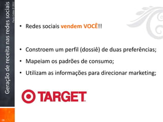 Paulo Cobbe © 2012
 Geração de receita nas redes sociais


                                                             • Redes sociais vendem VOCÊ!!


                                                             • Constroem um perfil (dossiê) de duas preferências;
                                                             • Mapeiam os padrões de consumo;
                                                             • Utilizam as informações para direcionar marketing;




28
 