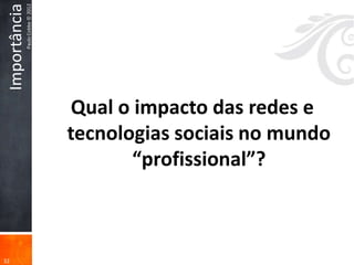 Paulo Cobbe © 2012
 Importância




                                    Qual o impacto das redes e
                                    tecnologias sociais no mundo
                                           “profissional”?



32
 