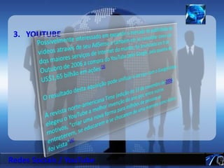 FacebookA História do Facebook Virou Filme em 2010Em 2009 .Em 2010 Mark Zucherber esteve no Brasil divulgado a sua Rede Social, após isso o número de usuários passou a crescer violentamente.1 Bilhão de imagens por mês.O Facebook é o maior site de compartilhamento de fotos do mundo.2,5 MilhõesÉ o número de eventos organizados por mês com a ajuda do site.Redes Sociais / Facebook