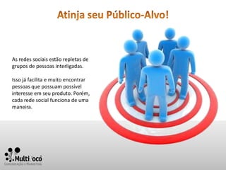 As redes sociais estão repletas de
grupos de pessoas interligadas.

Isso já facilita e muito encontrar
pessoas que possuam possível
interesse em seu produto. Porém,
cada rede social funciona de uma
maneira.
 