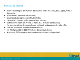 Números da Internet

• Brasil é o sexto país em número de usuários atrás de: China, EUA, Japão, Índia e
  Alemanha;
• Brasil tem 81,3 milhões de usuários;
• Usuários ativos representam 51,8 milhões;
• 1 em cada 3 pessoas estão conectadas a internet;
• Os brasileiros ficam em média 23 horas e 12 minutos conectados;
• É o terceiro veículo de maior alcance no Brasil, atrás apenas de rádio e TV;
• 72% dos brasileiros acessam as redes sociais.
• Em 2012 previsão de 100 00 milhões de computadores;
• No mundo, 70% das pessoas consideram a Internet indispensável.
 