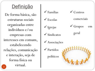 Definição
                          Famílias       Centros
  De forma básica, são
   estruturas sociais     Escolas         comerciais
   organizadas entre                      Grupos       em
                          Igrejas
    indivíduos e/ou
                          Sindicatos      geral
     empresas com
interesses em comum,
                          Associações
      estabelecendo
relações, comunicação     Partidos
  e interação, seja de     políticos
     forma física ou
3
         virtual.
 