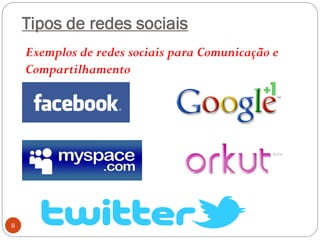 Tipos de redes sociais
    Exemplos de redes sociais para Comunicação e
    Compartilhamento




8
 