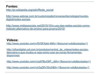 Fontes:
http://pt.wikipedia.org/wiki/Rede_social

http://www.sebrae.com.br/customizado/inovacao/tecnologia/mundo-
digital/redes-sociais

http://www.midiassociais.net/2010/10/o-uso-das-redes-sociais-como-
metodo-alternativo-de-ensino-para-jovens/2010/



Vídeos:
http://www.youtube.com/v/f0r5EXpbt-4&fs=1&source=uds&autoplay=1

http://olhardigital.uol.com.br/produtos/central_de_videos/redes-sociais-
descubra-o-que-mudou-e-veja-como-usar-as-novas-ferramentas-
disponiveis

http://www.youtube.com/v/zq97BuO6P_c&fs=1&source=uds&autoplay=1

http://www.youtube.com/v/e3qZ6V35x2I&fs=1&source=uds&autoplay=1
 