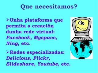 Que necesitamos? Unha plataforma que permita a creación dunha rede virtual: Facebook, Myspace, Ning, etc. Redes especializadas: Delicious, Flickr, Slideshare, Youtube , etc.