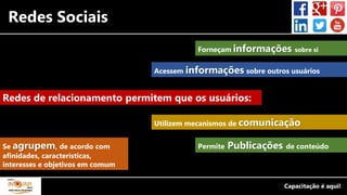 Redes Sociais
Redes de relacionamento permitem que os usuários:
Forneçam informações sobre si
Acessem informações sobre outros usuários
Utilizem mecanismos de comunicação
Se agrupem, de acordo com
afinidades, características,
interesses e objetivos em comum
Permite Publicações de conteúdo
 