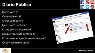 Diário Público
Quem você é?
Onde você está?
O que você curte?
Quem você conhece?
O que está acontecendo?
No que você está pensando?
O que seus amigos dizem sobre você?
Onde você tem estado?
 
