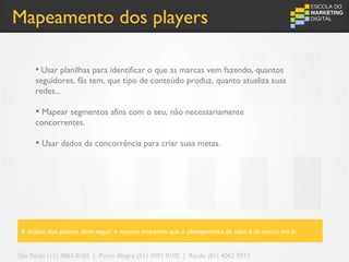 Mapeamento dos players

      Usar planilhas para identificar o que as marcas vem fazendo, quantos
     seguidores, fãs tem, que tipo de conteúdo produz, quanto atualiza suas
     redes...

      Mapear segmentos afins com o seu, não necessariamente
     concorrentes.

      Usar dados da concorrência para criar suas metas.




A análise dos players deve seguir o mesmo empenho que o planejamento da ação e da marca em si.


São Paulo (11) 4063 0165 | Porto Alegre (51) 3092 0102 | Recife (81) 4062 9373
 