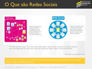 O Que são Redes Sociais




     O Twitter pode ser usado como mídia social, tendo objetivo apenas difundir conteúdo, ao mesmo tempo em
     que o microblog pode ser usado como rede social, apenas para seguir amigos e conversar entre eles.


                                                                                        Fonte: http://www.midiatismo.com.br/



Leia mais sobre em: http://www.midiatismo.com.br/comunicacao-digital/qual-a-diferenca-entre-redes-
sociais-e-midias-sociais#ixzz1qFvv6s5y

São Paulo (11) 4063 0165 | Porto Alegre (51) 3092 0102 | Recife (81) 4062 9373
 