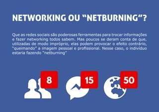 508 15
NETWORKING OU “NETBURNING”?
Que as redes sociais são poderosas ferramentas para trocar informações
e fazer networking todos sabem. Mas poucos se deram conta de que,
utilizadas de modo impróprio, elas podem provocar o efeito contrário,
“queimando” a imagem pessoal e profissional. Nesse caso, o indivíduo
estaria fazendo “netburning”
 