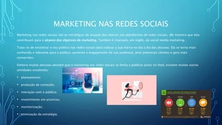 MARKETING NAS REDES SOCIAIS
Marketing nas redes sociais são as estratégias de atuação das marcas nas plataformas de redes sociais, de maneira que elas
contribuam para o alcance dos objetivos de marketing. Também é chamado, em inglês, de social media marketing.
Trata-se de encontrar o seu público nas redes sociais para colocar a sua marca no dia a dia das pessoas. Ela se torna mais
conhecida e relevante para o público, aumenta o engajamento da sua audiência, atrai potenciais clientes e gera mais
conversões.
Embora muitas pessoas pensem que o marketing nas redes sociais se limita a publicar posts no feed, existem muitas outras
atividades envolvidas:
• planeamento;
• produção de conteúdo;
• interação com o público;
• investimento em anúncios;
• monitorização;
• otimização da estratégia.
 