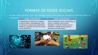 FORMAS DE REDES SOCIAIS
• As redes sociais costumam reunir uma motivação comum, porém podem se manifestar de diferentes formas. As
principais são:
Redes comunitárias Redes profissionais
estabelecidas em bairros ou cidades,
em geral tendo a finalidade de reunir
os interesses comuns dos habitantes,
melhorar a situação do local ou prover
outros benefícios
prática conhecida como networking, tal
como o LinkedIn, que procura
fortalecer a rede de contatos de um
indivíduo, visando futuros ganhos
pessoais ou profissionais
 