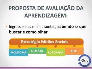 PROPOSTA DE AVALIAÇÃO DA
APRENDIZAGEM:
 Ingressar nas mídias sociais, sabendo o que
buscar e como olhar.
Ciclo
 