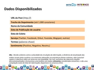 Obs .: Devido a fatores como a velocidade da circulação da informação, a dinâmica de atualização das mídias sociais pelos usuários e as eventuais alterações na arquitetura destes sistemas, não é possível captar a cobertura sobre um tema em sua totalidade. Por isso, excluímos da cobertura citações descontextualizadas e fornecemos uma análise com dados  relevantes  considerados amostrais, e não uma compilação exata do total de informações disponíveis no universo online. Dados Disponibilizados URL do Post  (http://) Trecho do Depoimento  (até 1.000 caracteres) Nome da Comunidade Data de Publicação do usuário Data de Coleta Serviço  (Twitter, Facebook, Orkut, Youtube, Blogspot, outros) Termos  (palavras-chave) Sentimento  (Positivo, Negativo, Neutro,) 