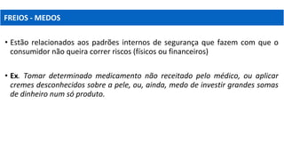 • Estão relacionados aos padrões internos de segurança que fazem com que o
consumidor não queira correr riscos (físicos ou financeiros)
• Ex. Tomar determinado medicamento não receitado pelo médico, ou aplicar
cremes desconhecidos sobre a pele, ou, ainda, medo de investir grandes somas
de dinheiro num só produto.
FREIOS - MEDOS
 