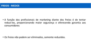 • A função dos profissionais de marketing diante dos freios é de tentar
reduzi-los, proporcionando maior segurança e oferecendo garantia aos
consumidores
• Os freios não podem ser eliminados, somente reduzidos.
FREIOS - MEDOS
 