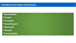  Necessidades
 Desejos
 Percepção
 Aprendizagem
 Motivação
 Atitudes
 Personalidade
FATORES DE NATUREZA PSICOLÓGICA
 