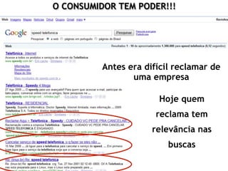 O CONSUMIDOR TEM PODER!!!




          Antes era difícil reclamar de
                 uma empresa

                       Hoje quem
                       reclama tem
                      relevância nas
                          buscas
 