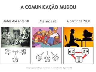 A COMUNICAÇÃO MUDOU

Antes dos anos 50                  Até anos 90                               A partir de 2000




               Imagens apresentadas por Ana Cenamo no evento One Day Digital (dez/06)
 