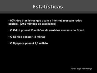 Estatísticas  90% dos brasileiros que usam a internet acessam redes sociais.  (20,6 milhões de brasileiros) O Orkut possui 15 milhões de usuários mensais no Brasil O Sônico possui 1,8 milhão O Myspace possui 1,1 milhão Fonte: Ibope Net//Ratings 