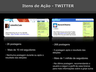 Itens de Ação - TWITTER 268 postagens 5 postagem após o resultado das eleições  Mais de 1 milhão de seguidores Na última postagem, recomendando o usuário a seguir o perfil da casa branca para mais informações sobre a gripe suína 26 postagens Mais de 10 mil seguidores Nenhuma postagem durante ou após o resultado das eleições 