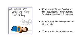 ● 10 anos atrás Skype, Facebook, 
YouTube, Reddit, Twitter, Tumblr, 
Dropbox e Instagram não existiam; 
● 20 anos atrás existiam apenas 130 
sites no total; 
● 30 anos atrás não existia Internet. 
 