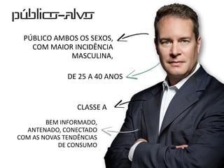 Público-alvo
PÚBLICO AMBOS OS SEXOS,
COM MAIOR INCIDÊNCIA
MASCULINA,
DE 25 A 40 ANOS
BEM INFORMADO,
ANTENADO, CONECTADO
COM AS NOVAS TENDÊNCIAS
DE CONSUMO
CLASSE A
 
