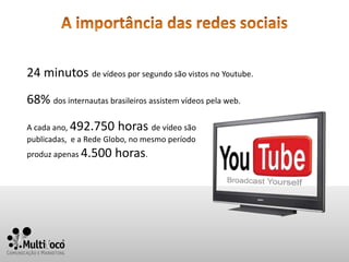 24 minutos de vídeos por segundo são vistos no Youtube.
68% dos internautas brasileiros assistem vídeos pela web.
A cada ano, 492.750 horas de vídeo são
publicadas, e a Rede Globo, no mesmo período
produz apenas 4.500    horas.
 