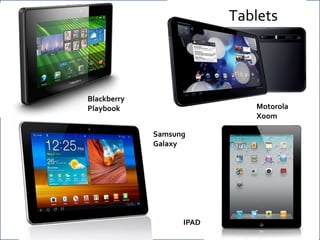 Tablets




Blackberry
Playbook                     Motorola
                             Xoom

             Samsung
             Galaxy




                   IPAD
 