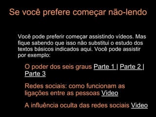 Se você prefere começar não-lendo

  Você pode preferir começar assistindo vídeos. Mas
  fique sabendo que isso não substitui o estudo dos
  textos básicos indicados aqui. Você pode assistir
  por exemplo:

    O poder dos seis graus Parte 1 | Parte 2 |
    Parte 3
    Redes sociais: como funcionam as
    ligações entre as pessoas Video
    A influência oculta das redes sociais Video
 