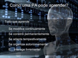 Como uma PA pode aprender?


Tudo que aprende

  Se modifica continuamente
  Se constrói permanentemente
  Se adapta tempestivamente
  Se organiza autonomamente
  E... interage livremente!
 