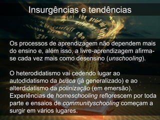 Insurgências e tendências


Os processos de aprendizagem não dependem mais
do ensino e, além isso, a livre-aprendizagem afirma-
se cada vez mais como desensino (unschooling).

O heterodidatismo vai cedendo lugar ao
autodidatismo da busca (já generalizado) e ao
alterdidatismo da polinização (em emersão).
Experiências de homeschooling reflorescem por toda
parte e ensaios de communityschooling começam a
surgir em vários lugares.
 