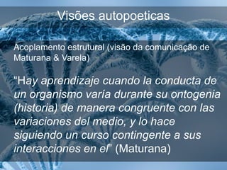 Visões autopoeticas

Acoplamento estrutural (visão da comunicação de
Maturana & Varela)

“Hay aprendizaje cuando la conducta de
un organismo varía durante su ontogenia
(historia) de manera congruente con las
variaciones del medio, y lo hace
siguiendo un curso contingente a sus
interacciones en el” (Maturana)
 