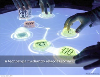 Origem da mediação tecnológica

            Existem alguns aspectos chaves do comportamento humano:




       A tecnologia mediando relações sociais


                                                                      Thanks Ars Electronica
Saturday, July 2, 2011
 