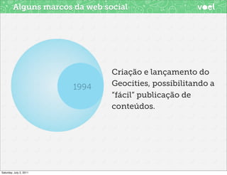 Alguns marcos da web social




                                Criação e lançamento do
                                Geocities, possibilitando a
                                “fácil” publicação de
                                conteúdos.




Saturday, July 2, 2011
 