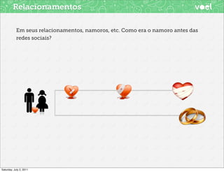 Relacionamentos

            Em seus relacionamentos, namoros, etc. Como era o namoro antes das
            redes sociais?




Saturday, July 2, 2011
 