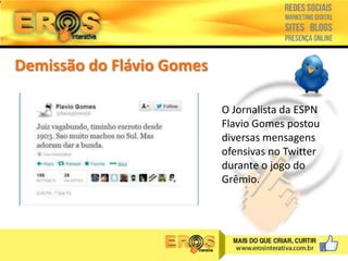 Demissão do Flávio Gomes
O Jornalista da ESPN
Flavio Gomes postou
diversas mensagens
ofensivas no Twitter
durante o jogo do
Grêmio.

 