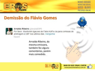 Demissão do Flávio Gomes

Arnaldo Ribeiro, da
mesma emissora,
também fez alguns
comentários, porém
mais comedido.

 