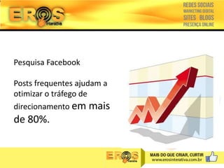 Pesquisa Facebook
Posts frequentes ajudam a
otimizar o tráfego de
direcionamento em mais

de 80%.

 