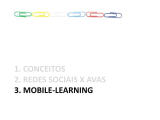 1. CONCEITOS
2. REDES SOCIAIS X AVAS
3. MOBILE-LEARNING
 