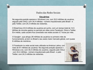 Dados das Redes Sociais
                                Usuários
Na segunda posição aparece o Windows Live, com 35,5 milhões de usuários,
seguido pelo Orkut, com 34,4 milhões - número impulsionado pelo Brasil - e
pelo Twitter, com 24,3 milhões de visitantes.

O Brasil teve 43,9 milhões de usuários em junho, com um tempo total de 12,5
bilhões de minutos gastos no período em sites como Facebook, Orkut e Twitter.
Em média, cada usuário fica conectado nas redes sociais 4,7 horas por mês.

O Google+, que atingiu 28 milhões de usuários no primeiro mês de
funcionamento, já tem no Brasil o seu sexto maior mercado global, com quase
8 milhões de membros.

O Facebook é a rede social mais utilizada na América Latina, com
mais de 91 milhões de usuários. Na segunda posição aparece o
Windows Live, com 35,5 milhões de usuários, seguido pelo Orkut,
com 34,4 milhões - número impulsionado pelo Brasil - e pelo
Twitter, com 24,3 milhões de visitantes.
 