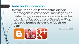 Rede Social - conceitos 
estruturação de ferramentas digitais, 
mensagens instantâneas, mensagens de 
texto, blogs, vídeo...