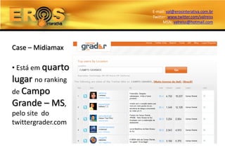 E-mail: val@erosinterativa.com.br
                    Twitter: www.twitter.com/valreiss
                          MSN: valreiss@hotmail.com




Case – Midiamax

• Está em quarto
lugar no ranking
de Campo
Grande – MS,
pelo site do
twittergrader.com
 