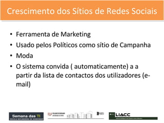 Ferramenta de Marketing  Usado pelos Políticos como sítio de Campanha Moda O sistema convida ( automaticamente) a a partir da lista de contactos dos utilizadores (e-mail) Crescimento dos Sítios de Redes Sociais 