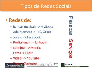 Redes de: Bandas músicais -> MySpace Adolescentes -> Hi5, Orkut Jovens -> Facebook Profissionais -> LinkedIn Solteiros  -> Meetic Fotos -> Flickr Videos -> YouTube Tags -> Del.ico.us Tipos de Redes Sociais Serviços Pessoas 