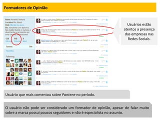 Formadores de Opinião O usuário não pode ser considerado um formador de opinião, apesar de falar muito sobre a marca possui poucos seguidores e não é especialista no assunto. Usuário que mais comentou sobre  Pantene  no período. Usuários estão atentos a presença das empresas nas Redes Sociais. 
