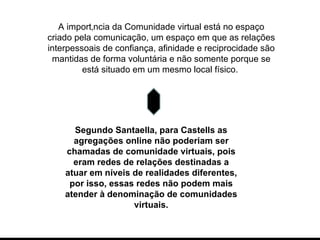 Segundo Santaella, para Castells as agregações online não poderiam ser chamadas de comunidade virtuais, pois eram redes de relações destinadas a atuar em níveis de realidades diferentes, por isso, essas redes não podem mais atender à denominação de comunidades virtuais. A importância da Comunidade virtual está no espaço criado pela comunicação, um espaço em que as relações interpessoais de confiança, afinidade e reciprocidade são mantidas de forma voluntária e não somente porque se está situado em um mesmo local físico.  