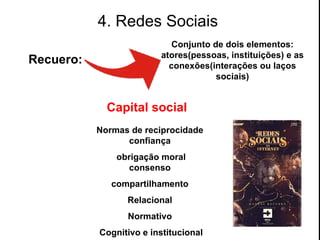 4. Redes Sociais Conjunto de dois elementos: atores(pessoas, instituições) e as conexões(interações ou laços sociais) Recuero: Normas de reciprocidade confiança obrigação moral consenso compartilhamento Relacional Normativo Cognitivo e institucional Capital social 